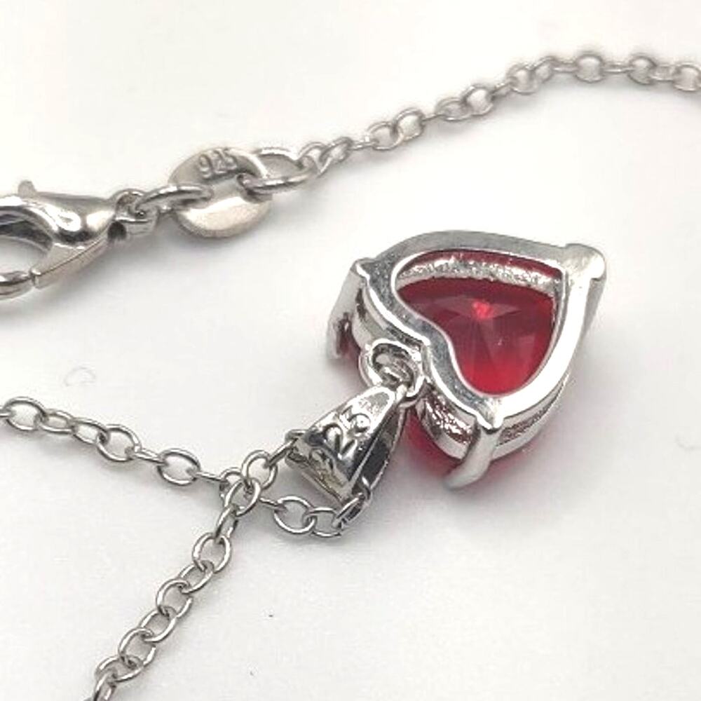 925 Sterling Silver Necklace Red Lab Ruby Heart Pendant Valentines Birthday Gift